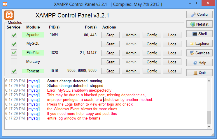 mysql shutdown unexpectedly in xampp control panel